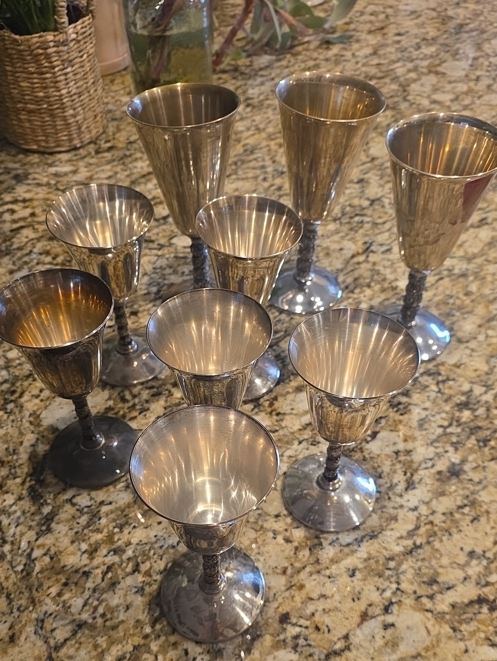 Vintage Silver Set of 6 Spanish Silver Stemmed Liquor and 3 Wine Goblets